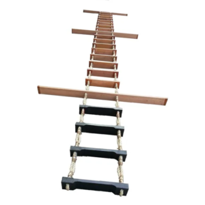 "Pilot ladder with hardwood steps, rubber bottom steps, and manila side ropes, used for safe boarding and disembarking of pilots on ships."